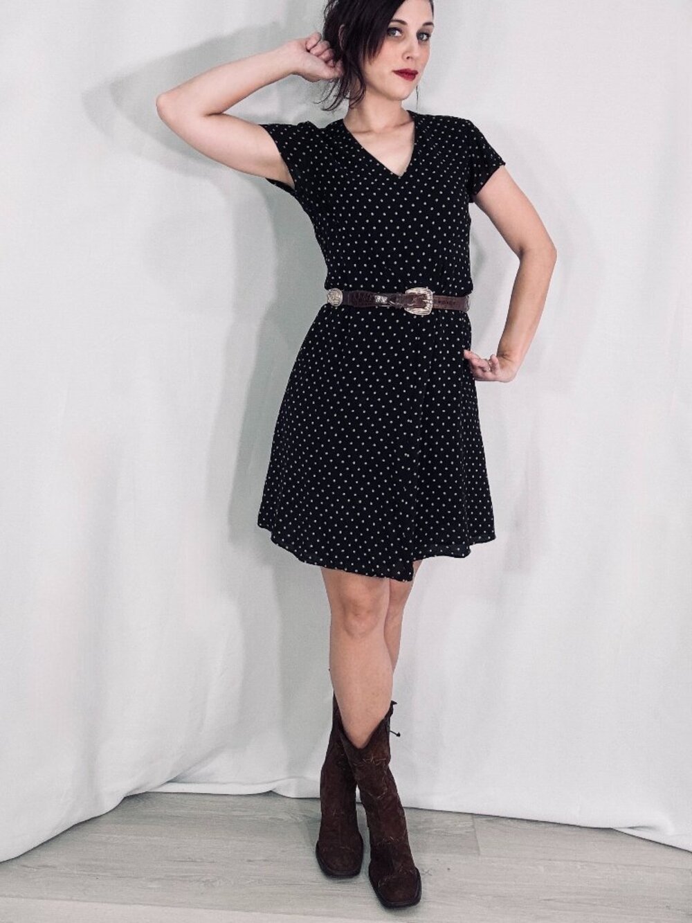 Vintage 90s Ralph Lauren Dress, Black Silk Polka Dot Mini, Western Goth Style